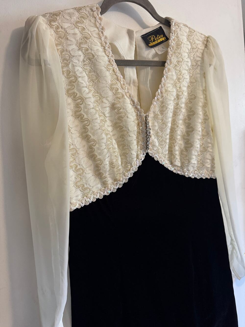 Vintage Peter Fashion 80s Black Velvet Maxi Dress L Ivory Lace Sheer Sleeve
